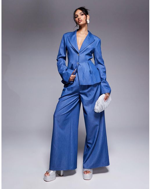 ASOS Blue Chambray Cinched Waist Tailored Blazer With Embellished Cuffs