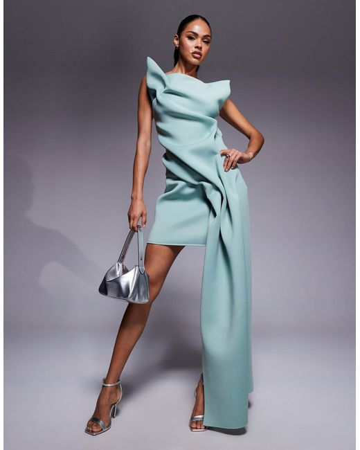 ASOS Blue Manipulated Off Shoulder Mini Dress With Structured Pleats And Sash Detail
