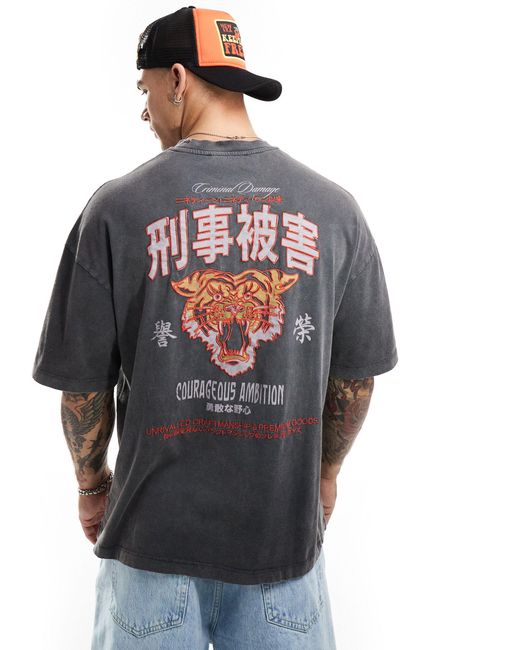 Criminal Damage Blue Oversized Graphic T-shirt With Front Embriodery for men