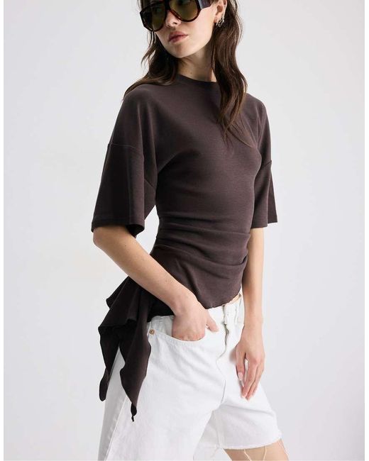 Stradivarius Brown Asymmetric Short Sleeve T-Shirt