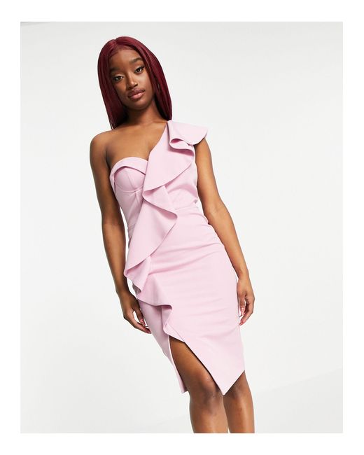 Lavish Alice Pink One Shoulder Drape Ruffle Corset Detail Midi Dress