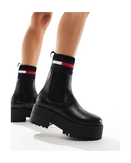 Tommy Hilfiger Black Flatform Chelsea Sock Boots