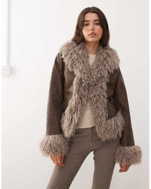 Reclaimed Vintage Brown Faux Fur Trim Leather Look Short Jacket