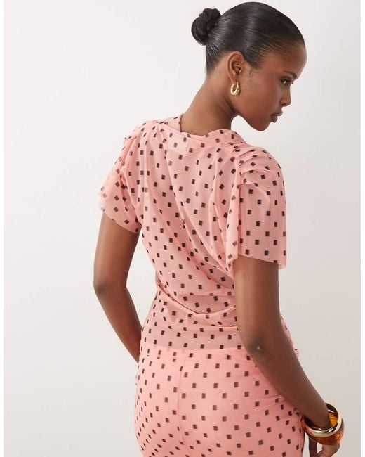 ASOS Pink Printed Mesh Co-ord V Neck Short Sleeve Top