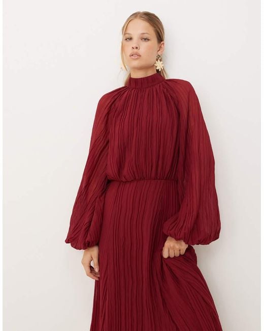 ASOS Red High Neck Crinkle Maxi Dress With Blouson Sleeve