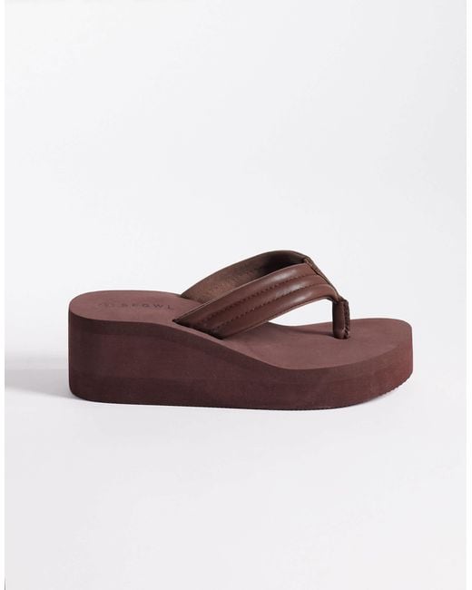 SEQWL Wide Fit Brown Thong Flatform Wedge
