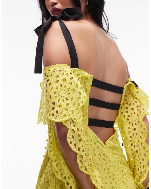 ASOS Yellow Asos Archive Floral Broderie Midi Dress With Grosgrain Straps