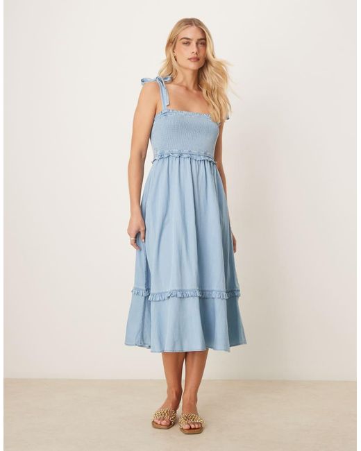 Y.A.S Blue Tie Shoulder Chambray Denim Midi Dress With Shirred Bust