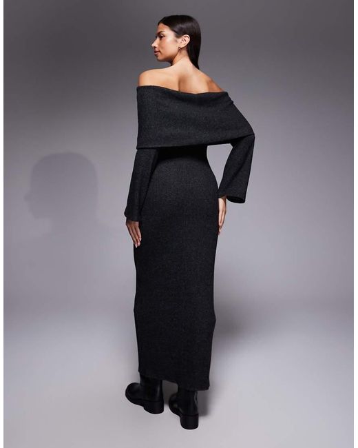 ASOS Black Ribbed Long Sleeve Fold Over Bardot Maxi Dress