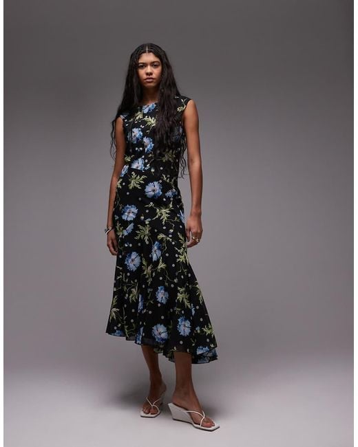TOPSHOP Black Godet Hem Boutique Occasion Midi Dress
