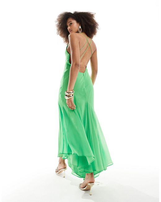 ASOS Green Strappy Plunge Asymmetric Midi Dress With Godets
