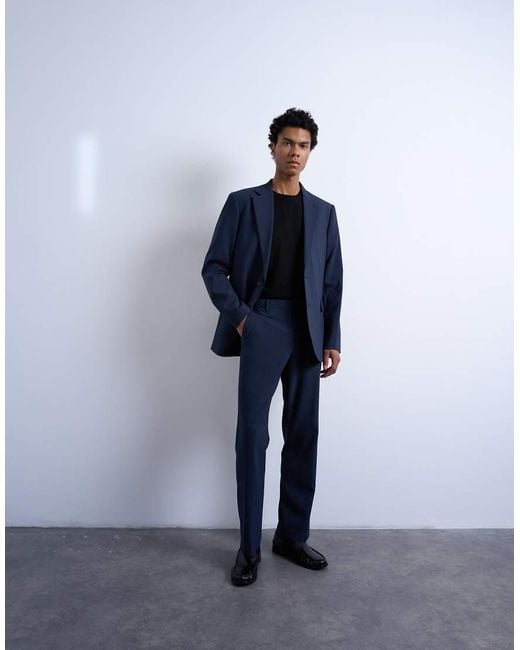 Topman Blue Straight Wool Touch Suit Trousers for men