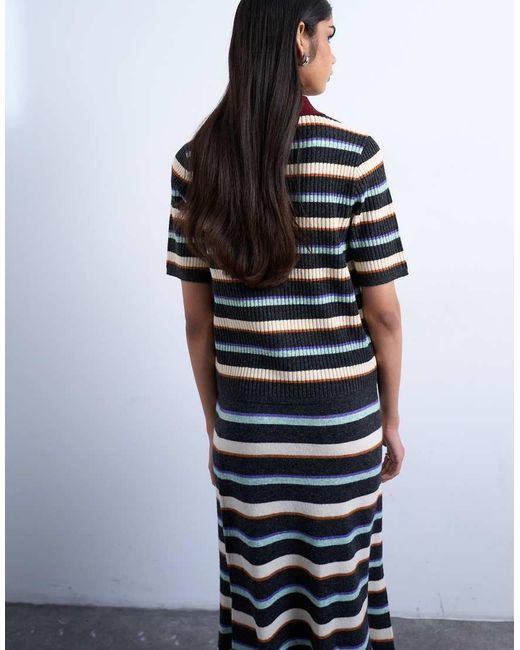 TOPSHOP Gray Knitted Zip Through Multi Stripe Polo