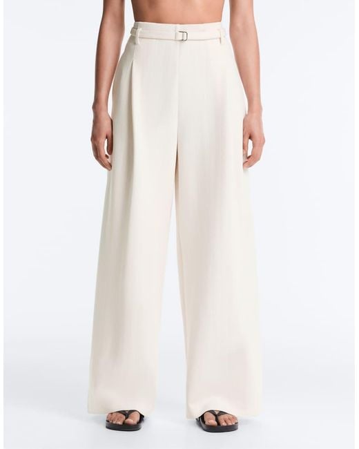 Oysho White Striped Cotton Piqué Wide-Leg Trousers