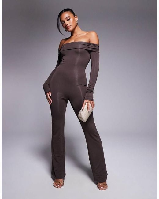 Oh Polly Purple Dilnaz Bardot Jersey Jumpsuit