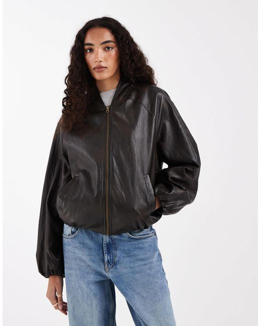 ASOS Asos Design Tall Washed Leather Look Oversized Bomber Jacket in ...