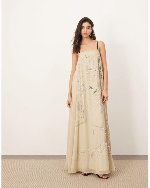 ARRANGE Natural Scatter Embellished Trapeze Maxi Dress With Cami Straps