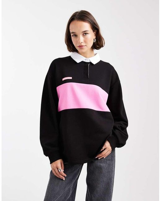 Collusion Black Colour Block Oversized Rugby Polo Top