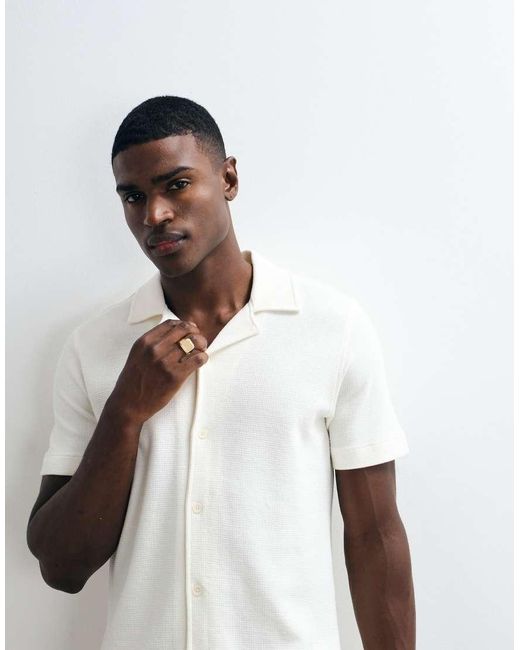 Mango White Waffle Textured Short Sleeve Shirt for men