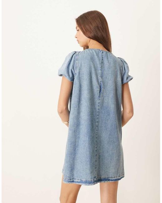 ASOS Blue Denim Mini Dress With Puff Sleeve And Tie Detail