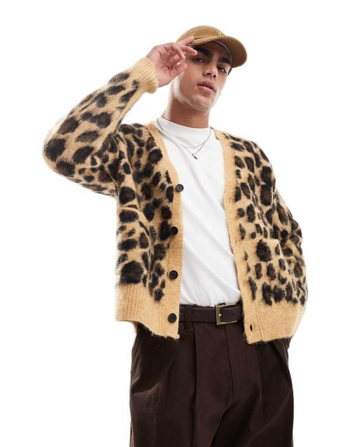 Bershka Black Leopard Knitted Cardigan for men