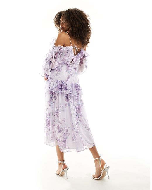 ASOS Purple Ruffle Off The Shoulder Midi Dress