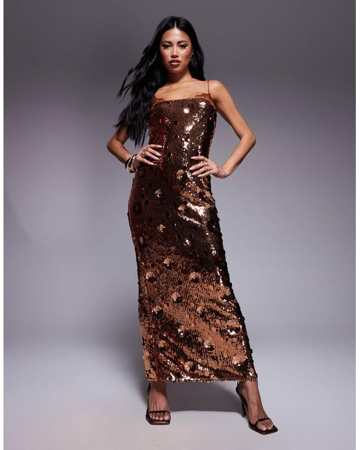 ASOS Brown Sequin Lace Trim Cami Maxi Dress With 3D Embellishment