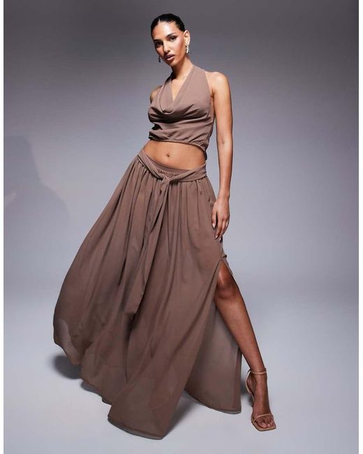 Aria Cove Brown Chiffon Tie Waist Flowy Side Split Maxi Skirt Co-ord