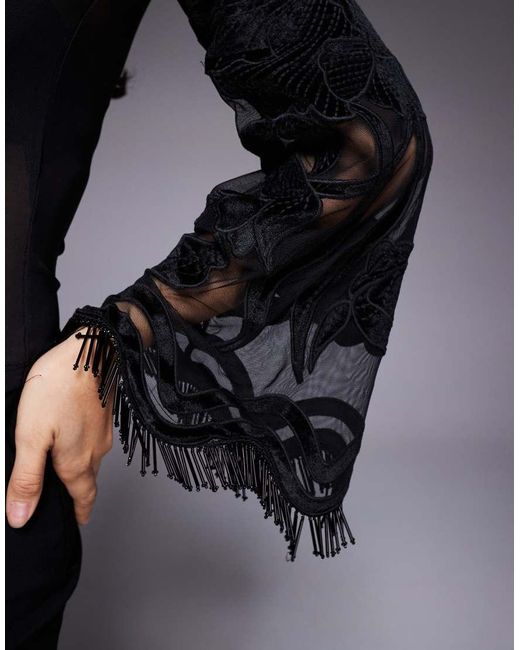 ASOS Black Velvet Embroidered Flare Sleeve Mesh Top With Fringing