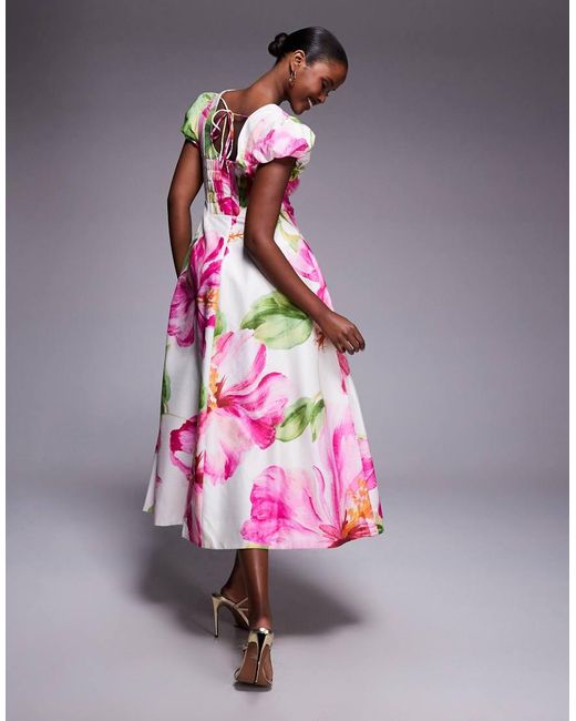 Forever New Pink Scoop Neck Puff Sleeve Panelled Seam Midi Dress
