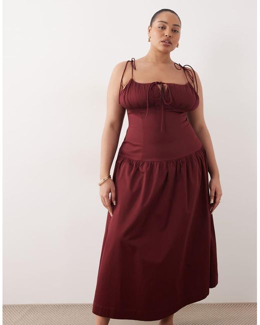 ASOS Asos Design Curve Structured Cotton Sateen Tie Bust Dropped Waist Maxi Sundress