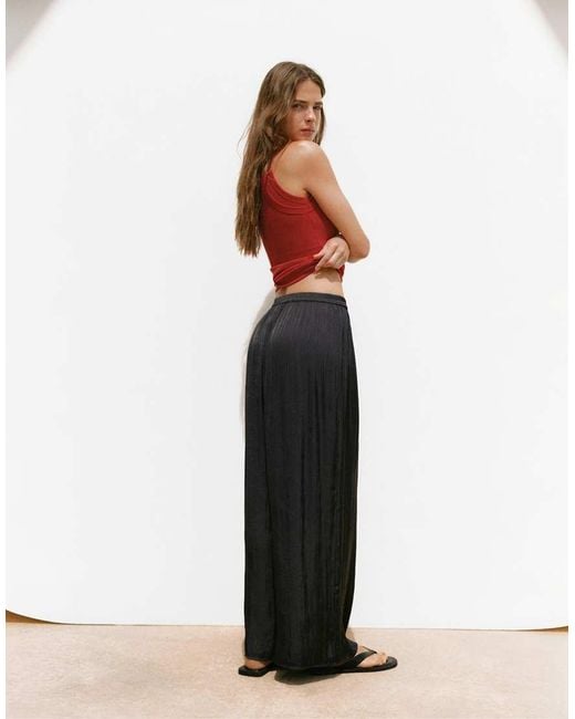 Pull&Bear Black Satin Wide-leg Trousers