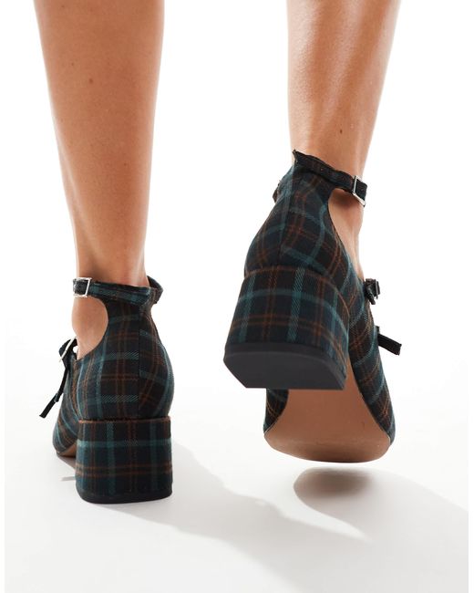 Asos Design Wide Fit Brown Asos design – socco – karierte mary-jane-schuhe mit mittelhohem blockabsatz, breite passform