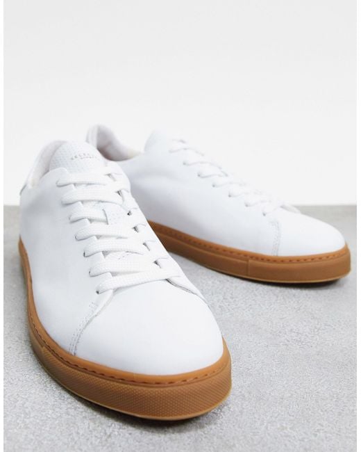 SELECTED White Leather Trainers With Gum Sole for men