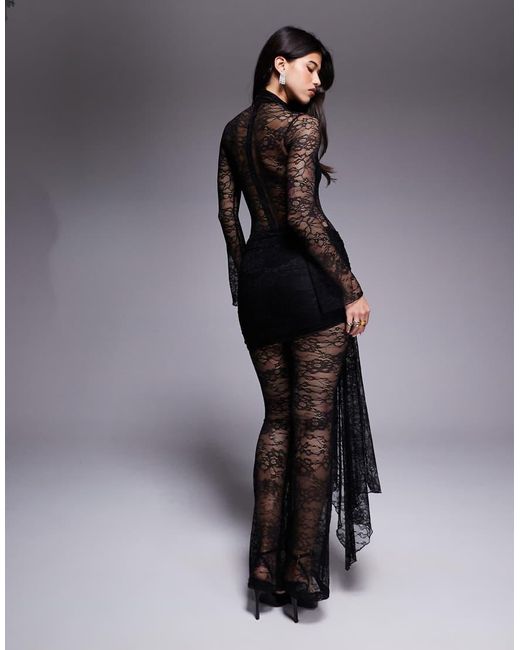 Wanderdoll Black Roxy Sheer Lace High Neck Drape Waist Detail Wide Leg Jumpsuit