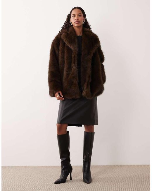 Motel Brown Pepita Faux Fur Coat
