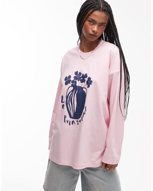 TOPSHOP Pink Graphic Le Printemps Long Sleeve Skater Top