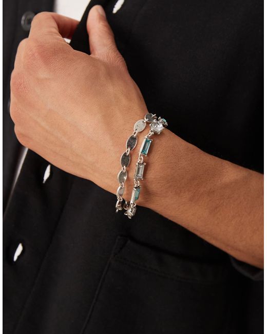 ASOS – 2er-pack farbene gliederarmbänder mit kristallbesatz und gehämmerten, ovalen gliedern in Black für Herren