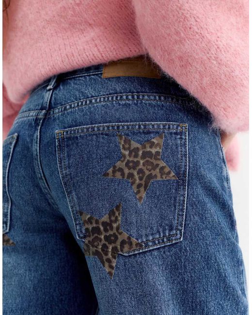 Pull&Bear Blue Low-Rise Straight-Leg Jeans With Stars
