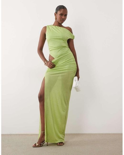 Murci Green Off Shoulder Ruched Detail Shimmer Knit Maxi Dress