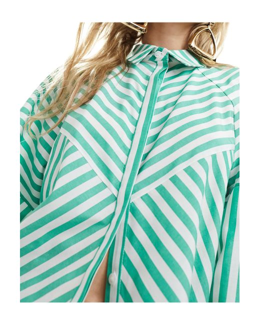 Camicia verde a righe con spalle voluminose con dettaglio combinato di ASOS in Blue