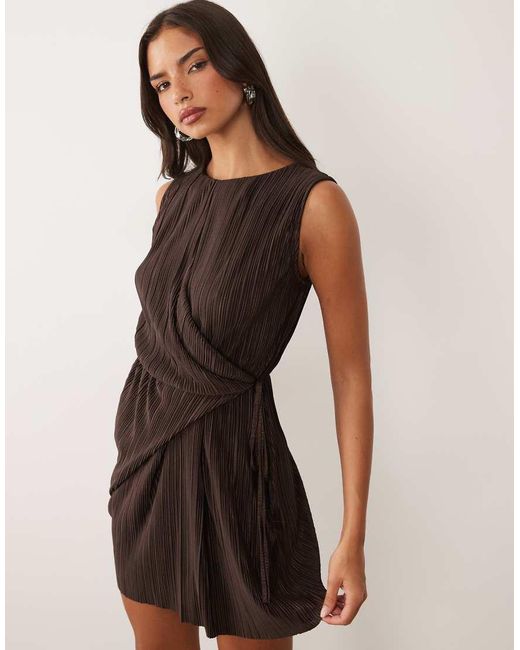 ASOS Natural Plissé Sleeveless Wrap Tie Front Mini Dress