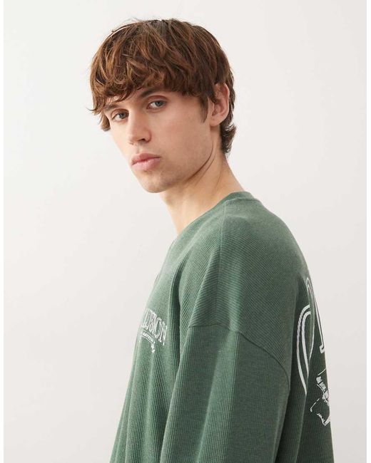 Collusion T-Shirt Met Lange Mouwen, Wafeltextuur En Print in het Green voor heren