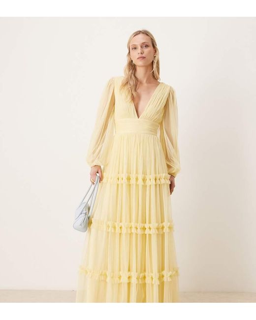 LACE & BEADS Natural Tulle V Neck Sheer Sleeve Maxi Dress