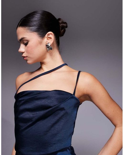 Vesper Blue Pleat Detail Strappy Satin Midi Dress