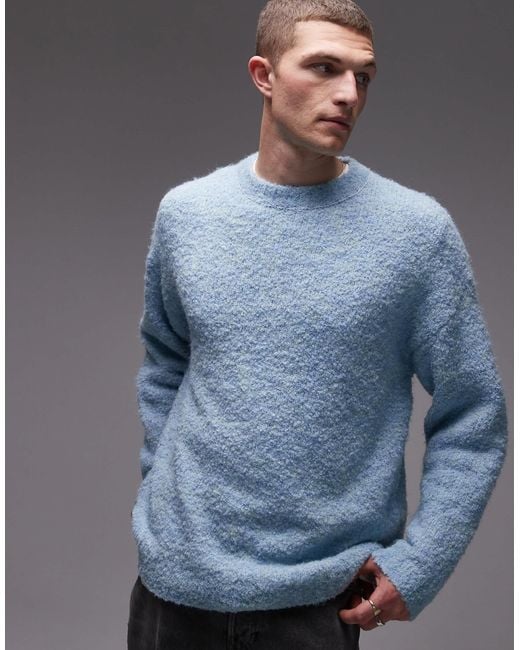 Topman Blue Relaxed Fit Boucle Jumper for men