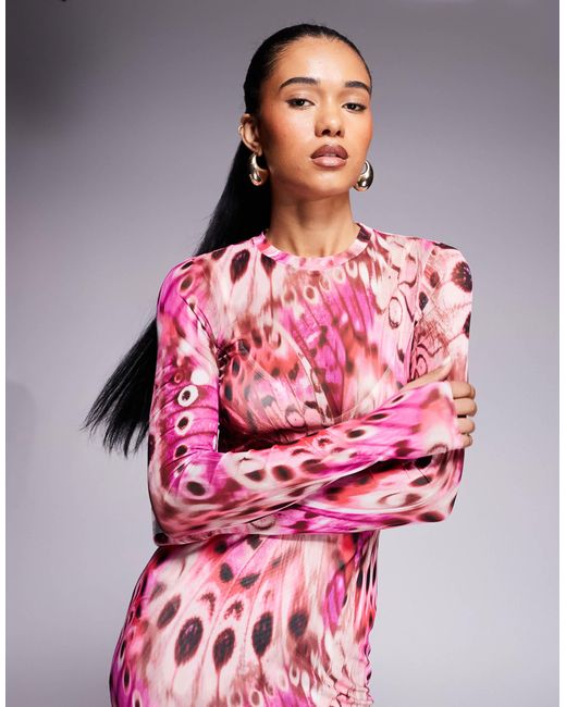 AFRM Pink – langärmliges midaxikleid aus netzstoff mit beeren-schmetterlingsprint