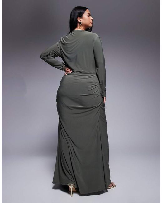 ASOS Gray Asos Design Curve Long Sleeve Drape Maxi Dress With Hitched Skirt And Trim