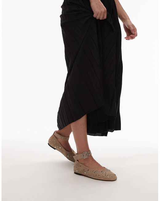 & Other Stories Black Studded Suede Leather Ballet Flats With Ankle Strap