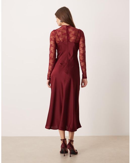 Y.A.S Red Hybrid High Neck Lace Top And Satin Slip Dress